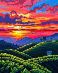 A bold acrylic painting of a sunset over terraced tea plantations. The use of vibrant colors and textured brushstrokes create