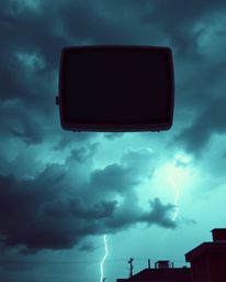 A high-resolution stock photo showcasing intense dramatic weather with a captivating TV screen glitch effect. The image featu