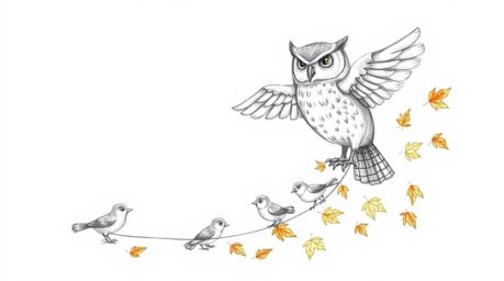 A heartwarming, hand-drawn sketch in the Pixar style depicts a blind owl with intricate feather details and a peaceful expres