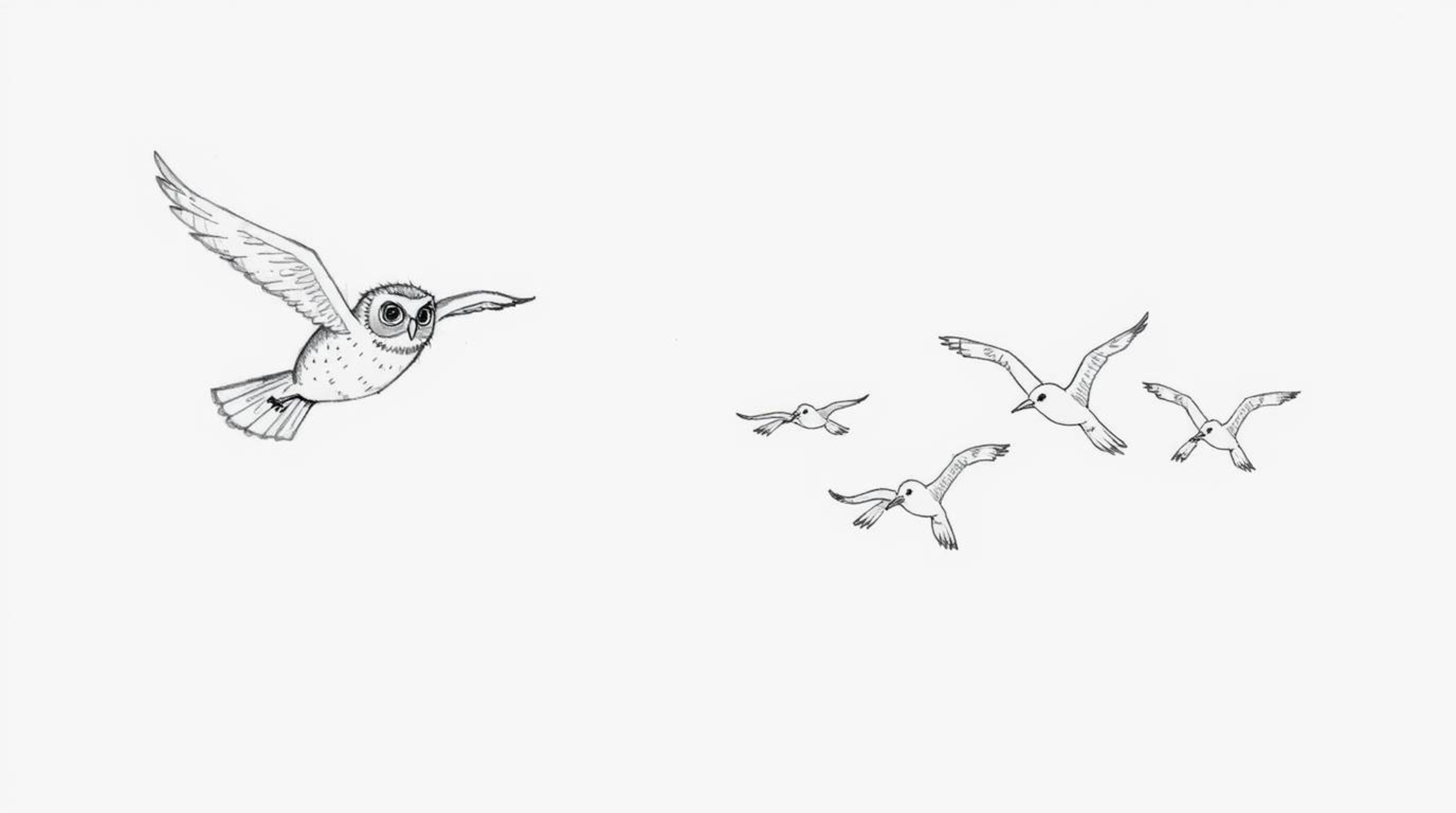 A captivating hand-drawn sketch depicts a blind owl, subtly conveying its lack of sight through intricate details, leading a 