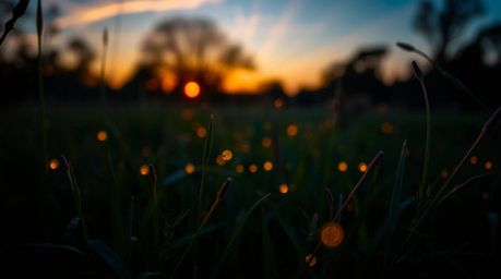 Experience the magic of a sunset over a quiet meadow, where fireflies begin their nightly dance. This image captures the vibr