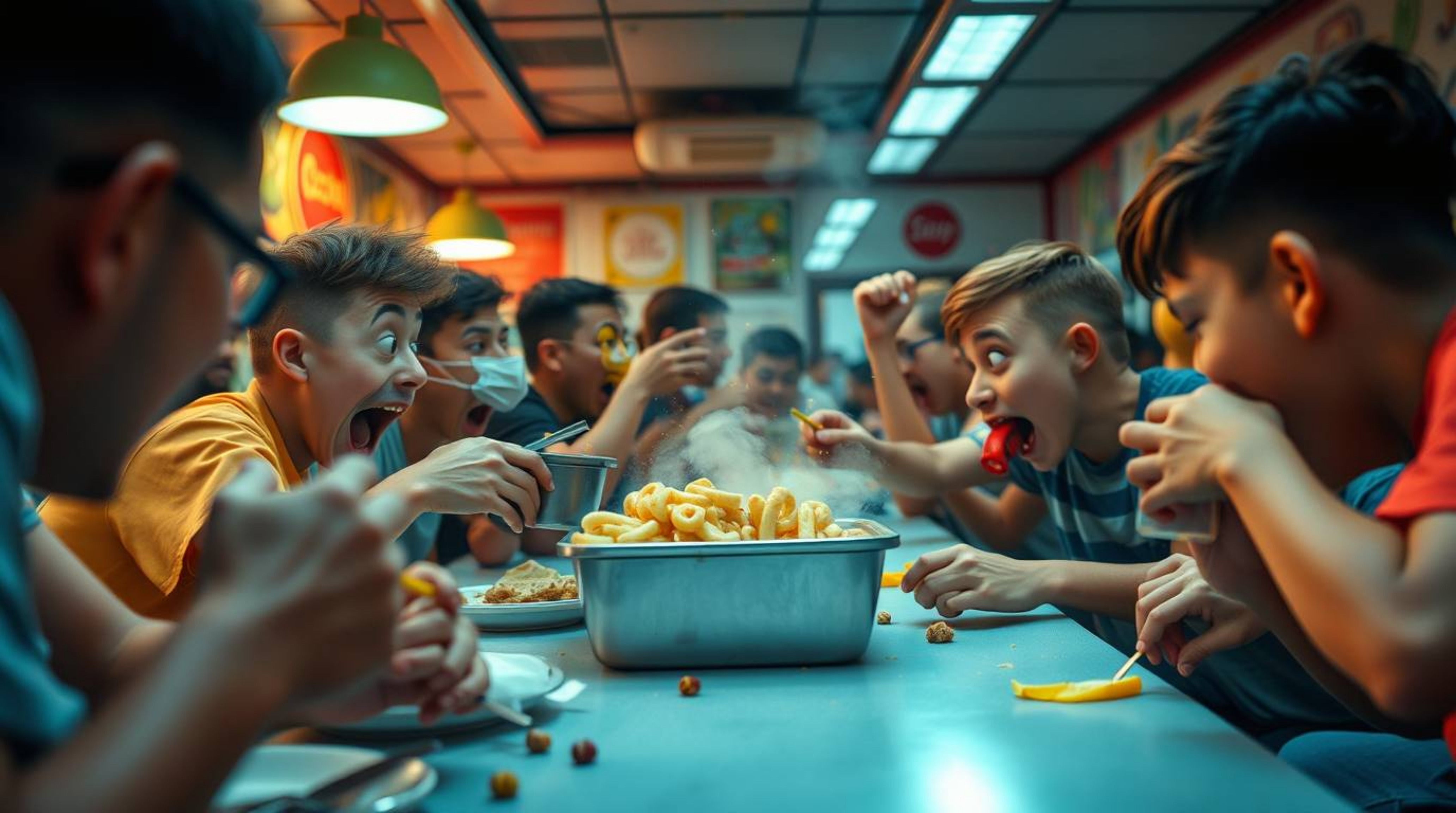 This collection showcases candid street photography depicting a chaotic and hilarious food fight within a cartoon cafeteria. 