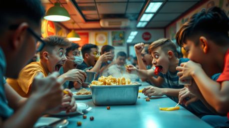 This collection showcases candid street photography depicting a chaotic and hilarious food fight within a cartoon cafeteria. 