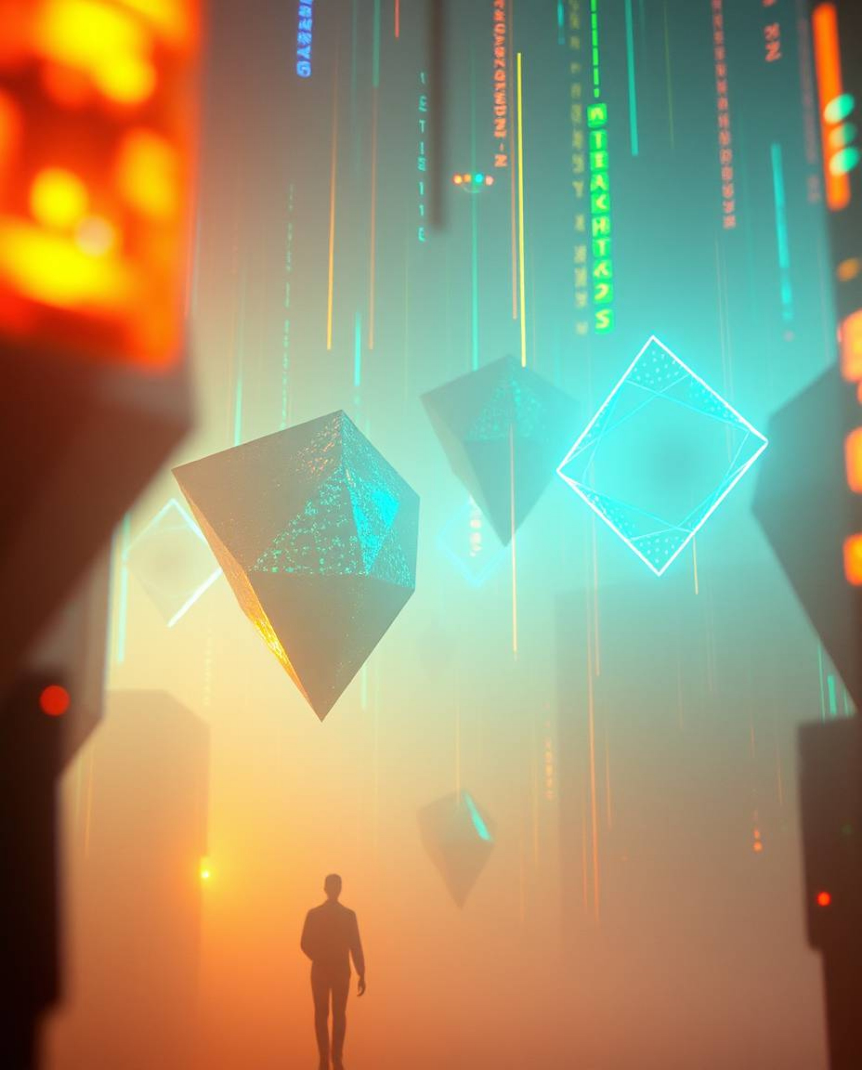 Dive into a dreamy, surreal landscape of glitched geometric shapes floating in a hazy cyberspace.  Experience a captivating m