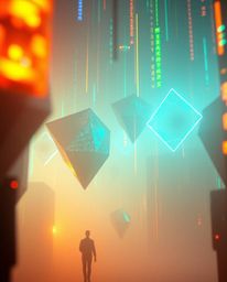 Dive into a dreamy, surreal landscape of glitched geometric shapes floating in a hazy cyberspace.  Experience a captivating m