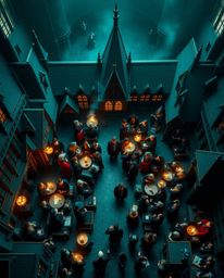 Discover a breathtaking overhead view of a magical school brimming with young wizards. This rich, deep teal scene evokes a l