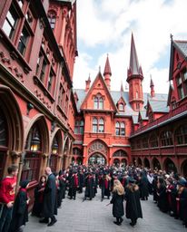 A precise architectural color photograph captures the magical essence of a school brimming with young wizards.  The image boa