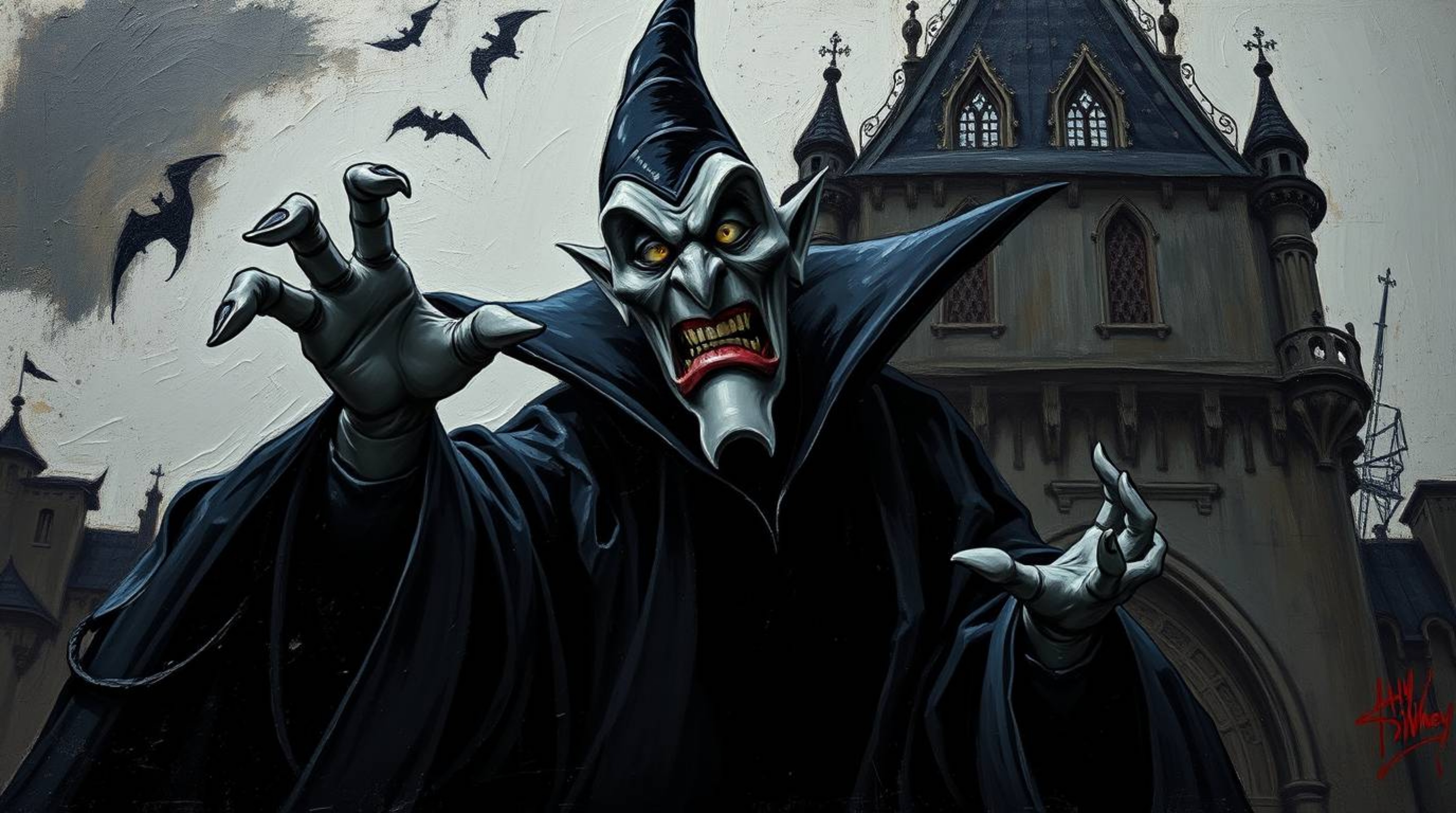 A dramatic oil painting depicting a classic Disney villain with exaggerated features casting a powerful spell within the dark