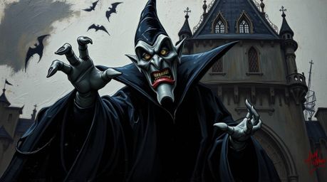 A dramatic oil painting depicting a classic Disney villain with exaggerated features casting a powerful spell within the dark