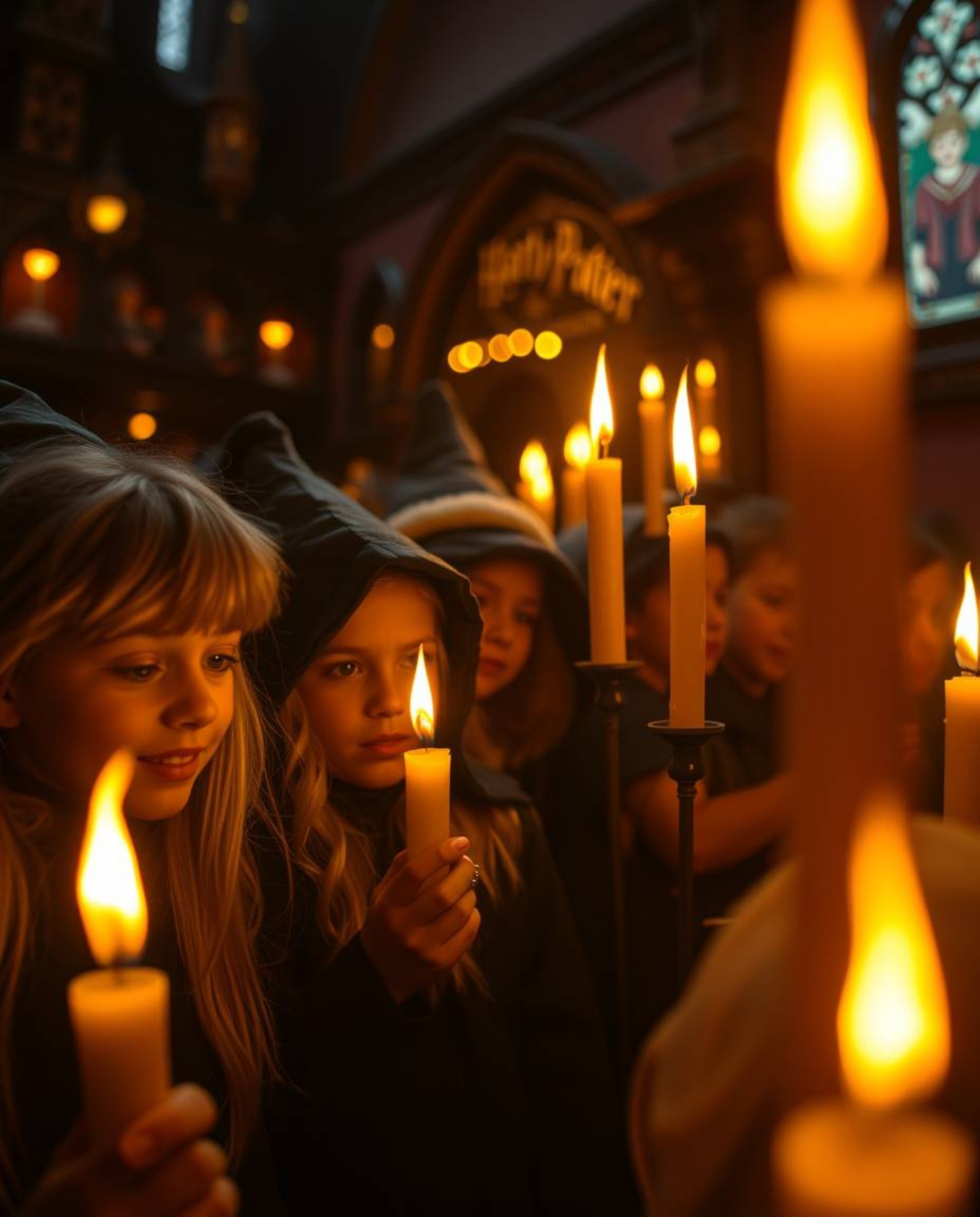 Experience a captivating scene of a magical school brimming with young wizards, bathed in the intimate glow of warm candlelig