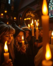 Experience a captivating scene of a magical school brimming with young wizards, bathed in the intimate glow of warm candlelig