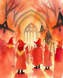 A delicate watercolor painting depicts a magical school teeming with young wizards. The artwork utilizes warm reds, oranges, 