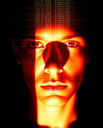 A captivating digital painting depicts a human face undergoing a striking transformation into a vibrant data stream.  Harsh s