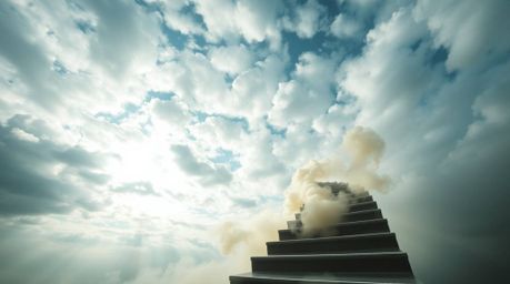 A dramatic low-angle perspective showcases a winding stairway crafted from smoke and light, ascending into a vast, cloudy sky
