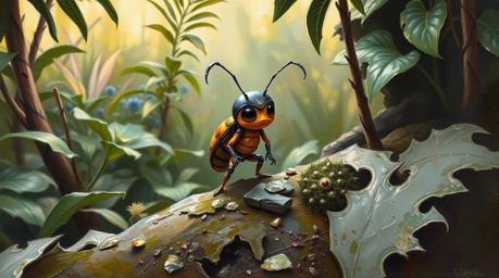 A classic oil painting captures the whimsical scene of a bug-sized hero embarking on an adventure within a lush backyard jung