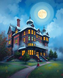 This bold acrylic painting offers a high-angle perspective of a fog-covered Victorian mansion bathed in moonlight. The artwor