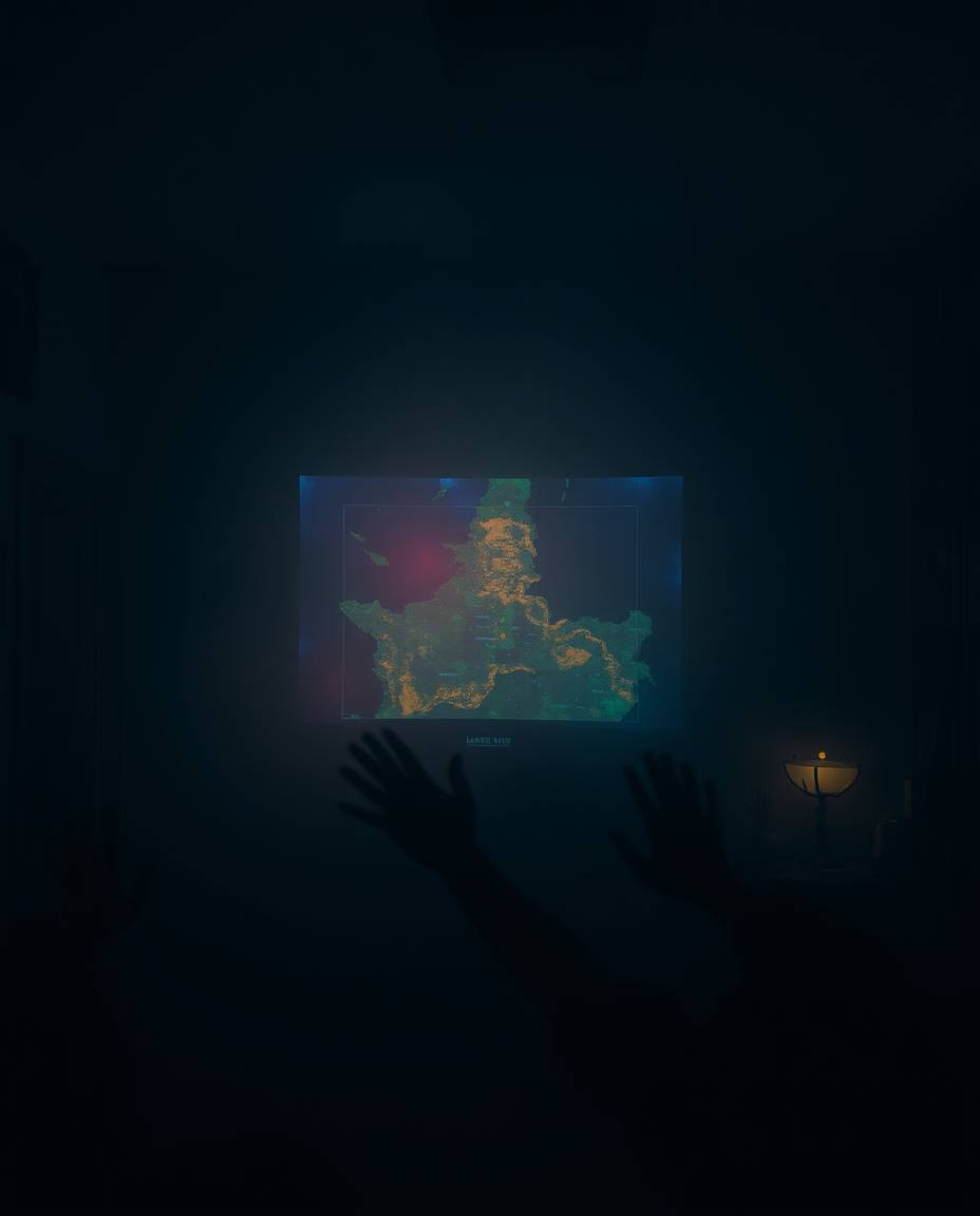 Immerse yourself in an eerie and creepy atmosphere with this image featuring a glowing map projected in an old study. Thick f