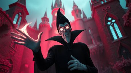A captivating image depicting a classic Disney villain with glowing eyes and pale skin, casting a spell within an ancient cas