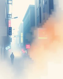 A stunning collection of digital art featuring delicate watercolor paintings of cyberpunk streetscapes.  These pieces blend t