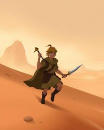 A brave Disney-style hero embarks on a mystical desert adventure.  The artwork features natural earth tones, browns, and beig