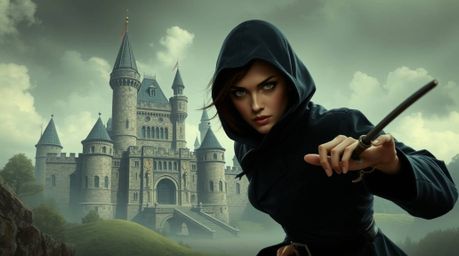 A depiction of an elegant thief infiltrating a heavily guarded castle, characterized by refined facial features and graceful 