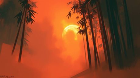 A dynamic digital sketch of a bamboo forest enveloped in warm sunset light and thick fog. The scene utilizes loose painterly 