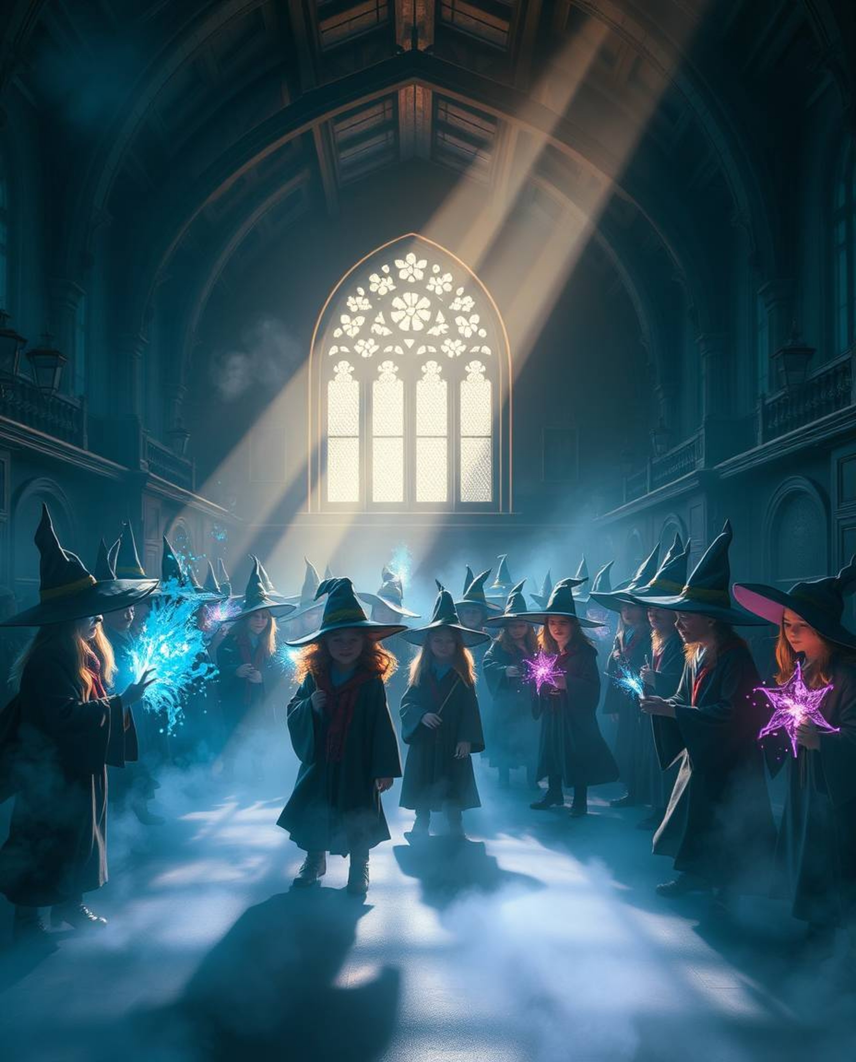 Discover a breathtaking volumetric lighting illustration of a magical school brimming with young wizards.  The scene is fille