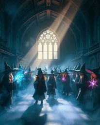 Discover a breathtaking volumetric lighting illustration of a magical school brimming with young wizards.  The scene is fille