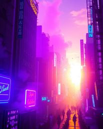 Experience a vibrant cyberpunk cityscape bathed in deep ultraviolet hues and the warm glow of golden hour light. This futuris
