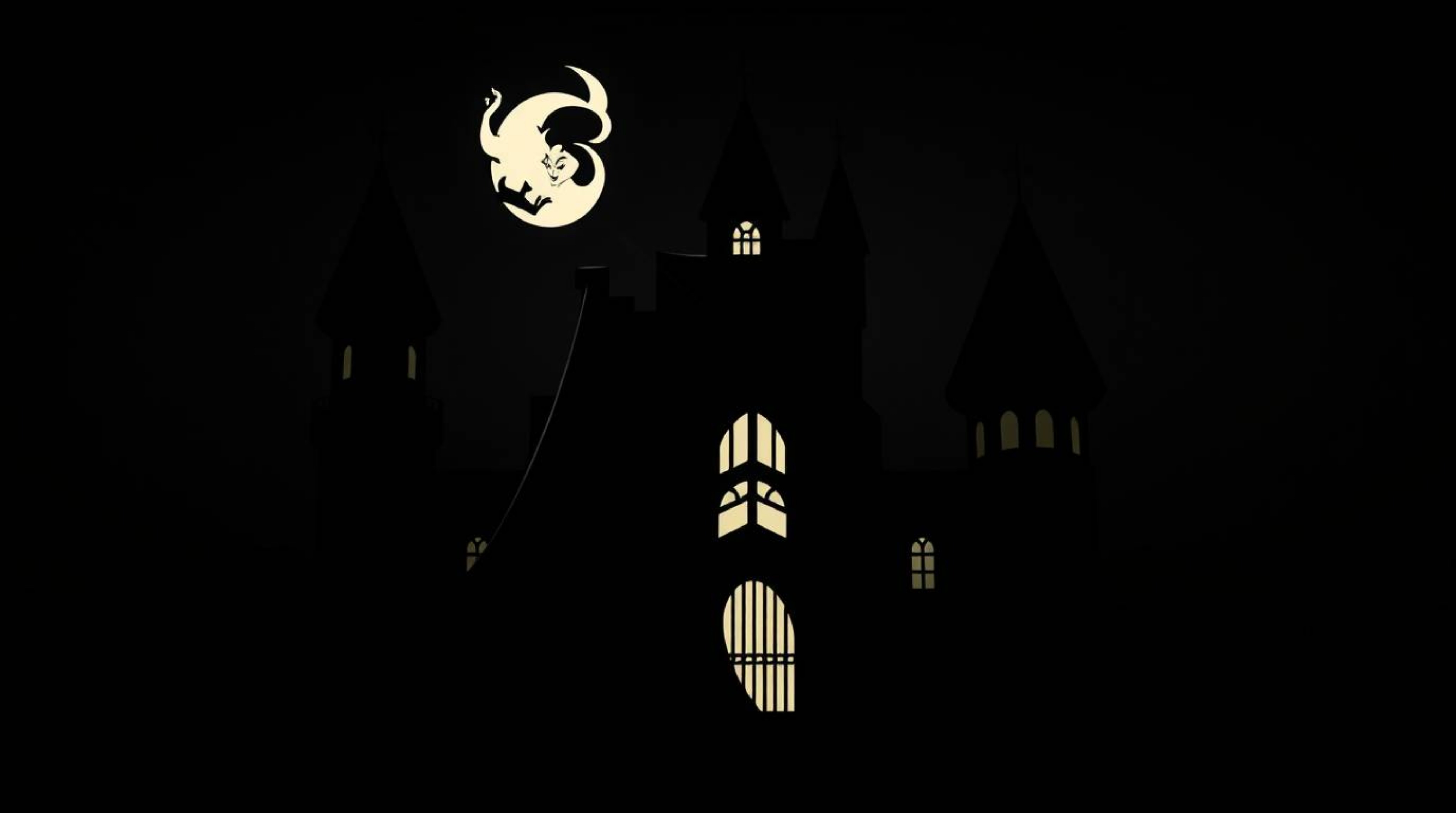 A logo inspired by a classic Disney villain's silhouette casting a spell in an old castle, rendered with chiaroscuro lighting