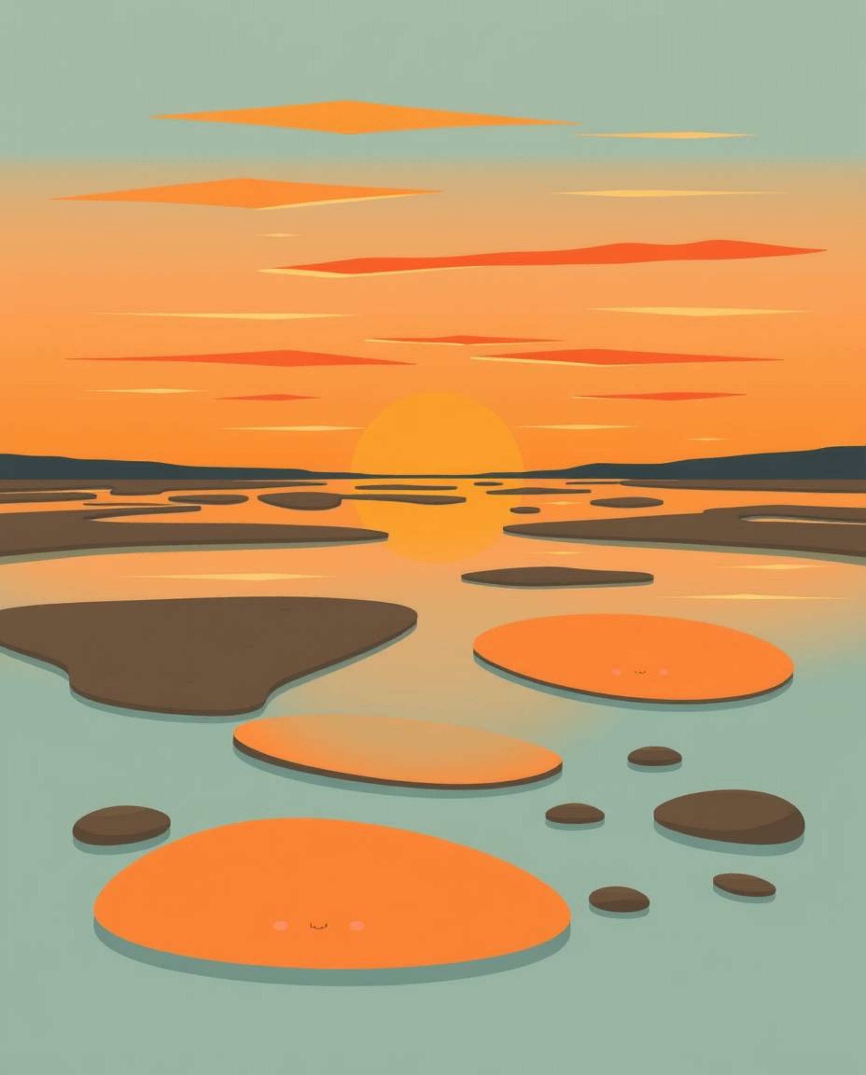 A modern flat design illustration depicts a sunset sky mirrored in tidal pools, brought to life with warm autumn colors for a