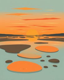 A modern flat design illustration depicts a sunset sky mirrored in tidal pools, brought to life with warm autumn colors for a