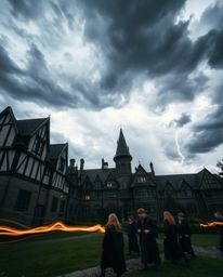 Experience the magic of a long exposure photograph depicting a school filled with young wizards battling intense dramatic wea
