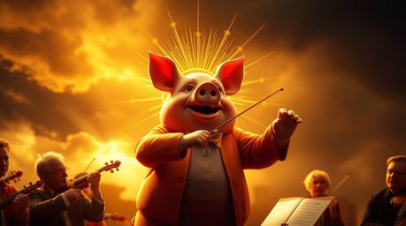 Witness a breathtaking scene as a radiant pig character bravely conducts an orchestra against a backdrop of a stormy sky illu