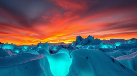 Witness a breathtaking sunset over icy polar glaciers.  Vibrant terracotta and cool teal bioluminescent colors create a stunn