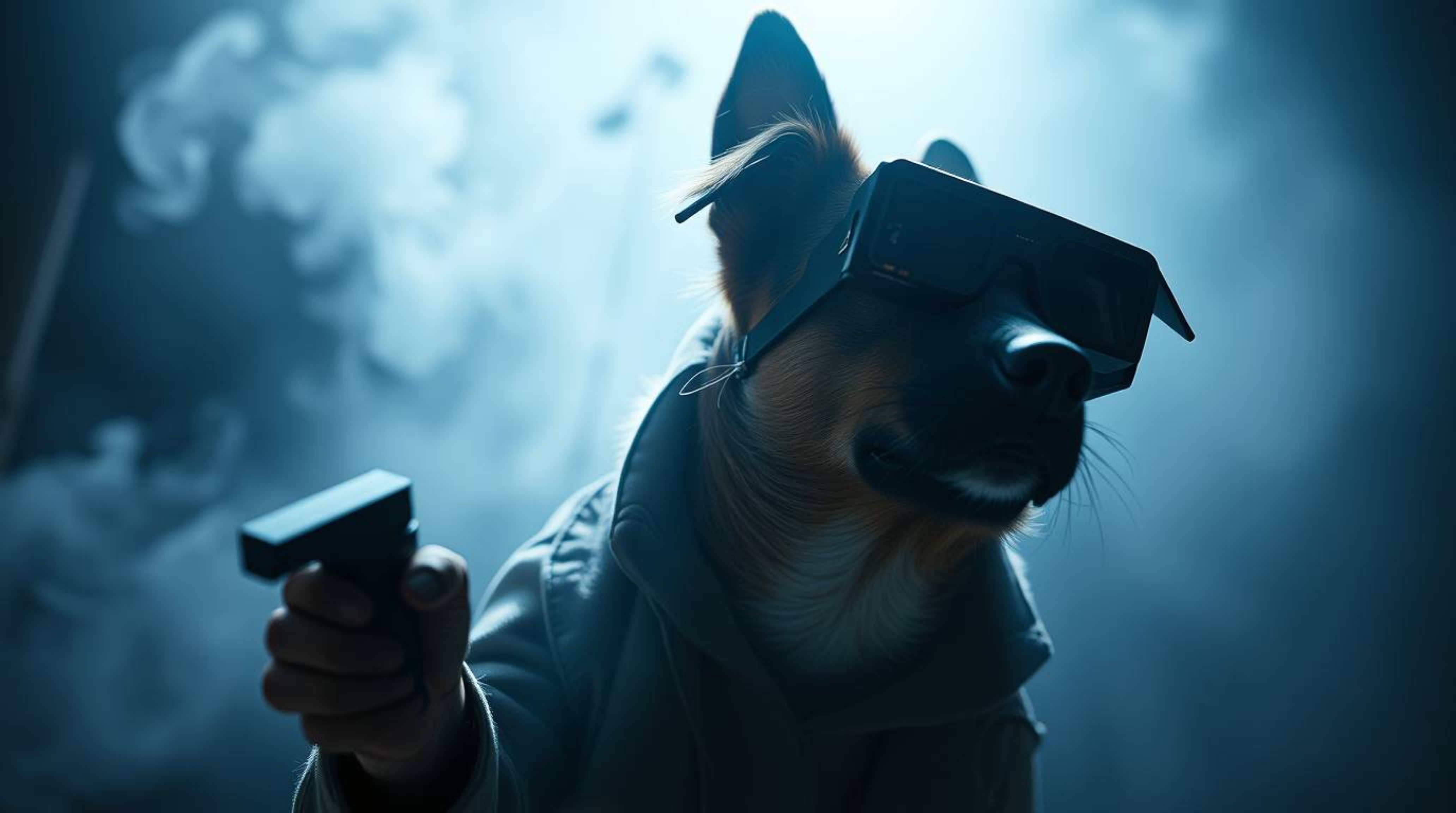 Explore a captivating volumetric lighting scene featuring a dog detective equipped with high-tech gadgets, set against a cree