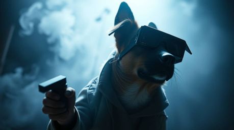 Explore a captivating volumetric lighting scene featuring a dog detective equipped with high-tech gadgets, set against a cree
