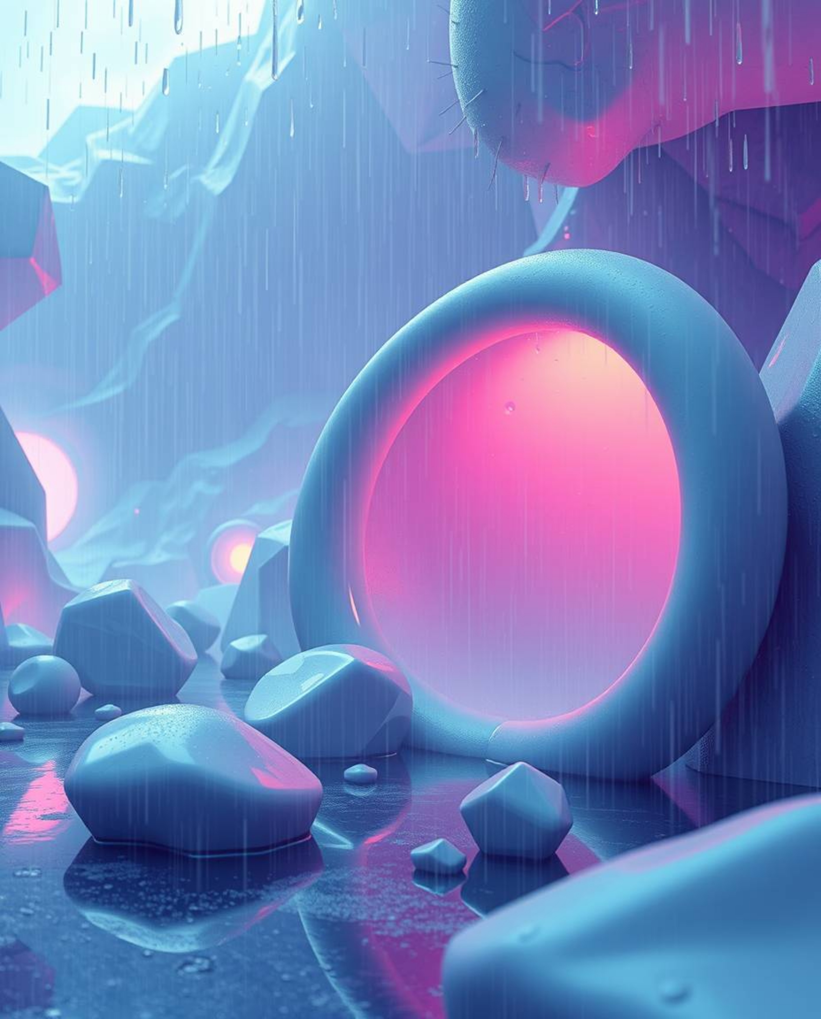 Explore dreamlike and surreal imagery featuring 3D shapes adorned with smooth gradient textures in a futuristic art style. Im
