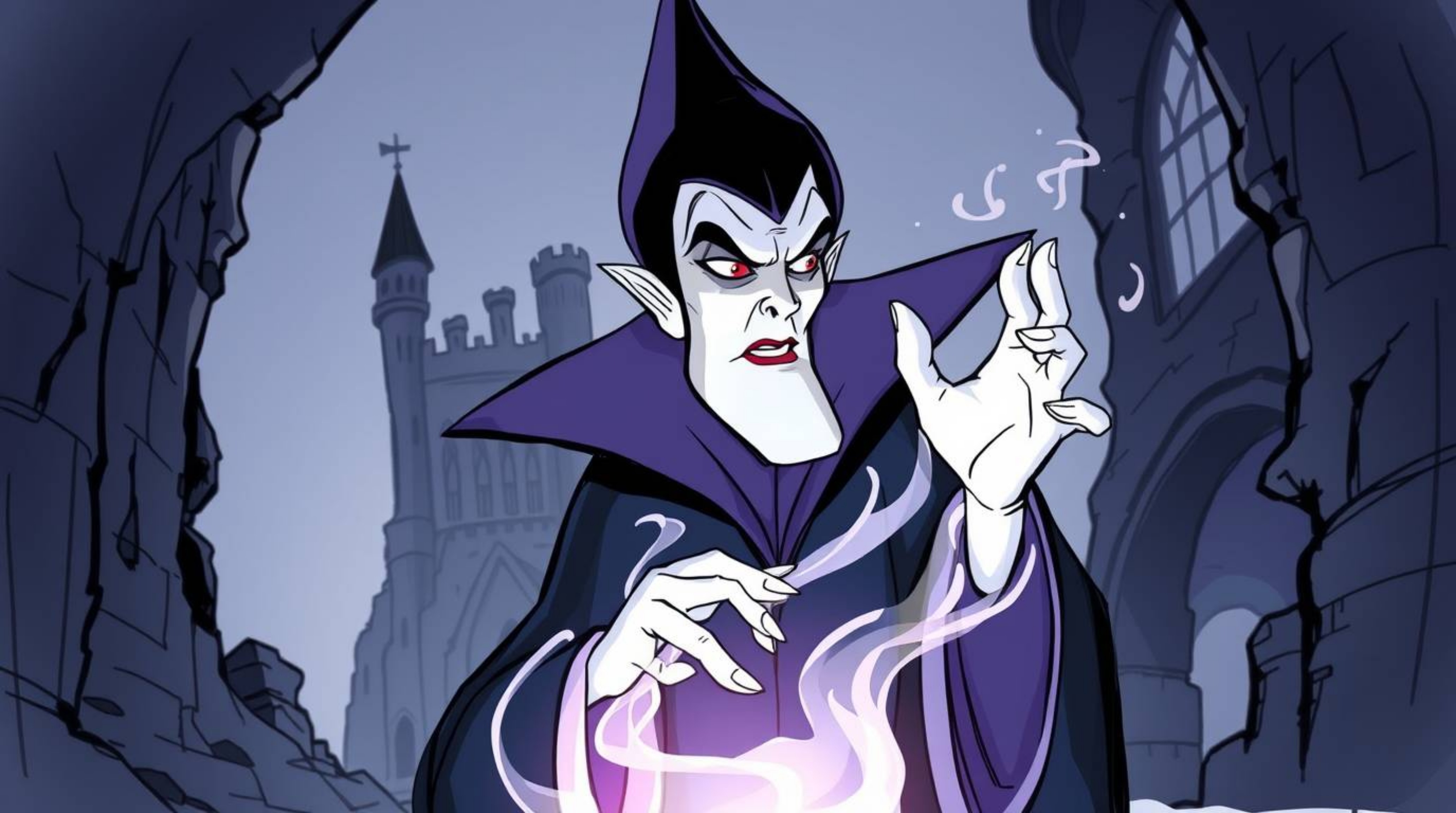 A captivating hand-drawn sketchnote depicts a classic Disney villain casting a spell within a crumbling castle.  The illustra