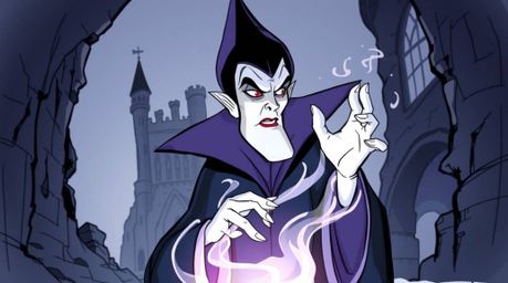 A captivating hand-drawn sketchnote depicts a classic Disney villain casting a spell within a crumbling castle.  The illustra