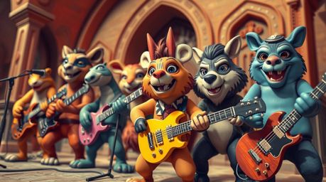 This is a precise architectural color photograph capturing a tight close-up of a band of cartoon animals playing rock music. 
