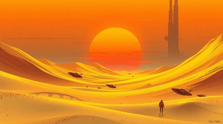 A futuristic sci-fi illustration captures the beauty of a desert sunset, where golden dunes meet advanced technology and elem
