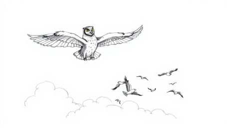A heartwarming hand-drawn sketch in the style of Pixar depicts a blind owl with textured pencil strokes, soaring proudly abov