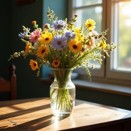 A delicate glass vase, etched with subtle detail, holds a vibrant collection of wildflowers in sunny yellow, sky blue, and so
