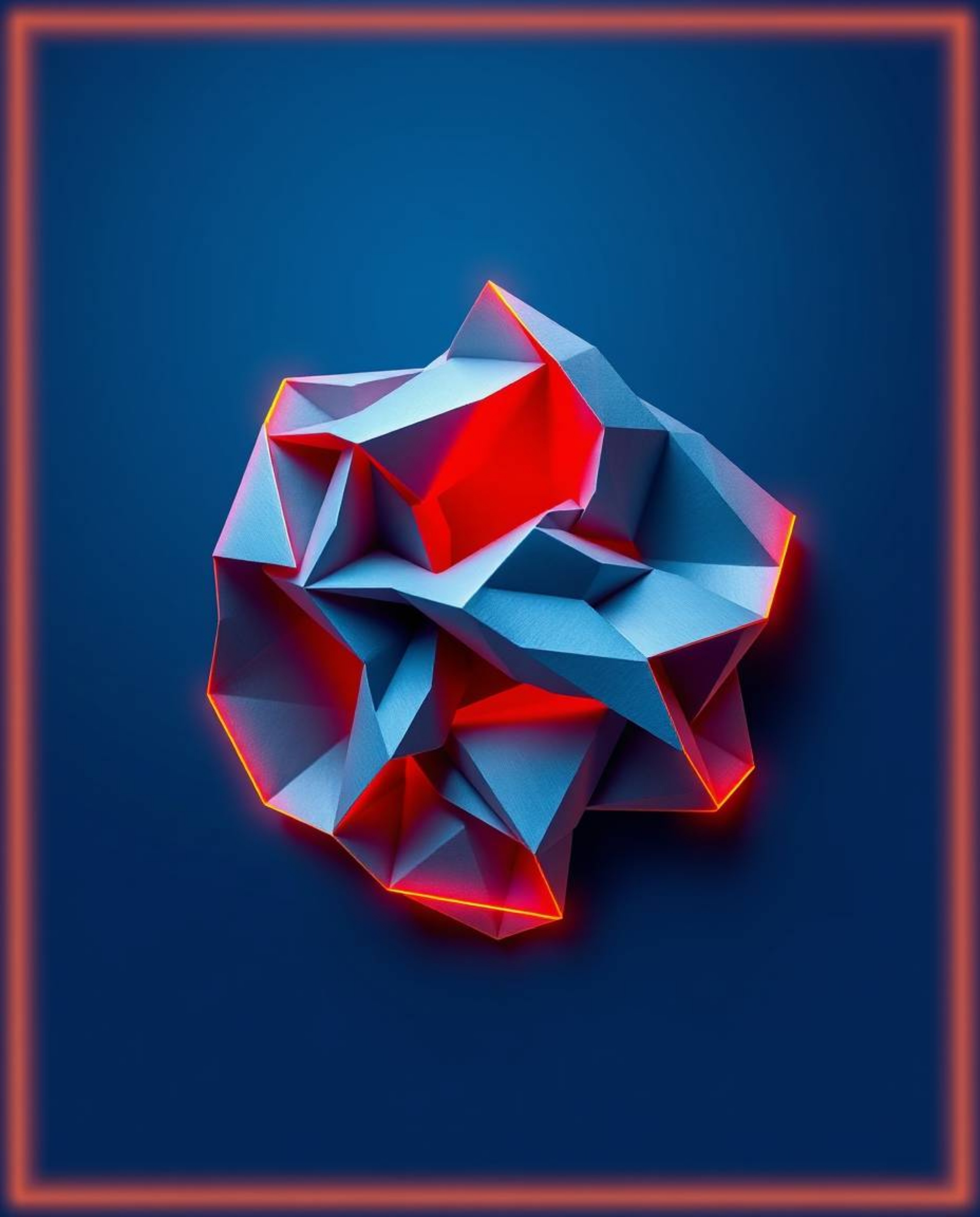 Explore intricate origami-style art featuring futuristic 3D fluid shapes with glowing edges against a deep blue background. T