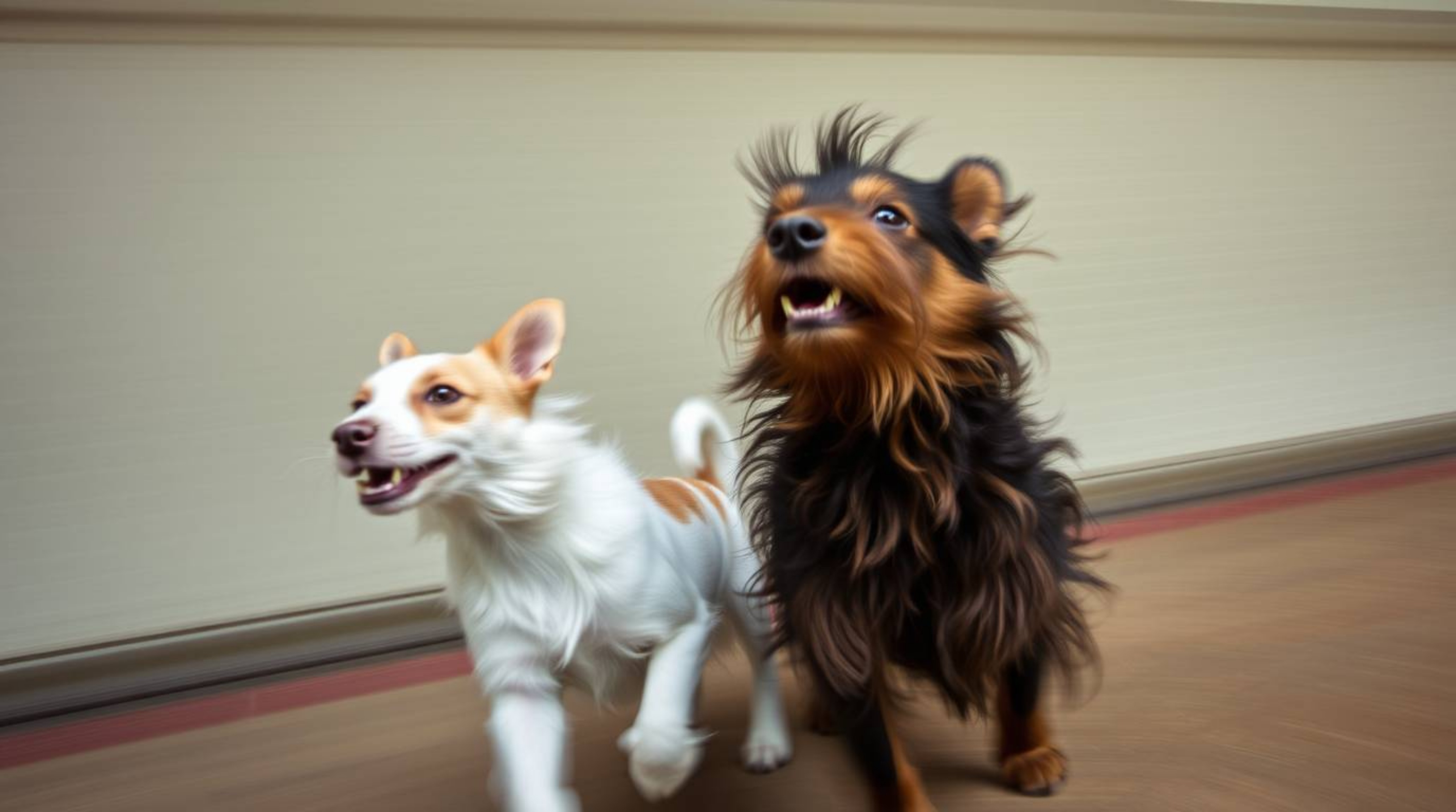 Capture the magic of a dynamic long-exposure photograph featuring a duo of talking animals engaged in mischievous antics. Exp
