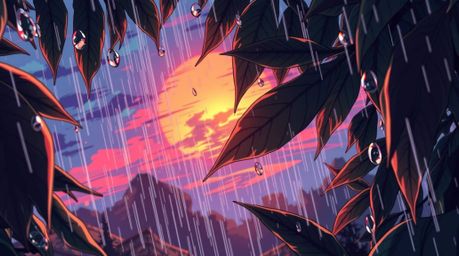This image showcases a vibrant isekai anime style scene.  The expressive composition features a sunset reflected in raindrops