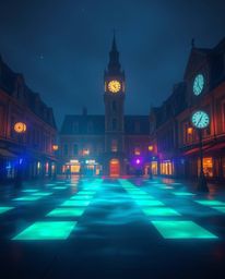 Experience an ethereal and spiritual vibe in an empty town square, bathed in glowing bioluminescent colors and natural light 