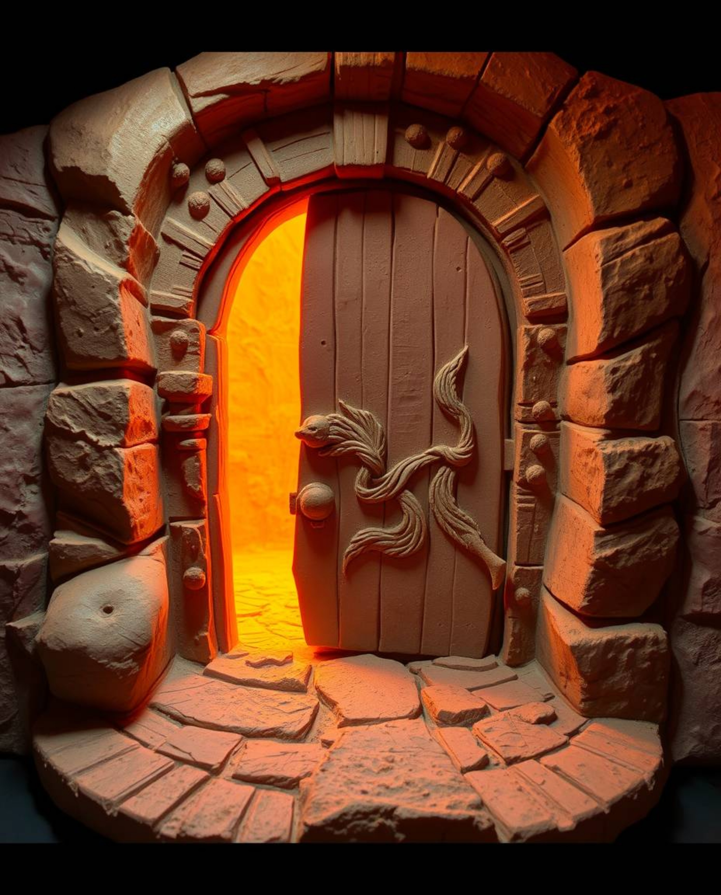 Explore the mesmerizing beauty of an ancient doorway, glowing with mystical runes and meticulously sculpted from warm-toned c