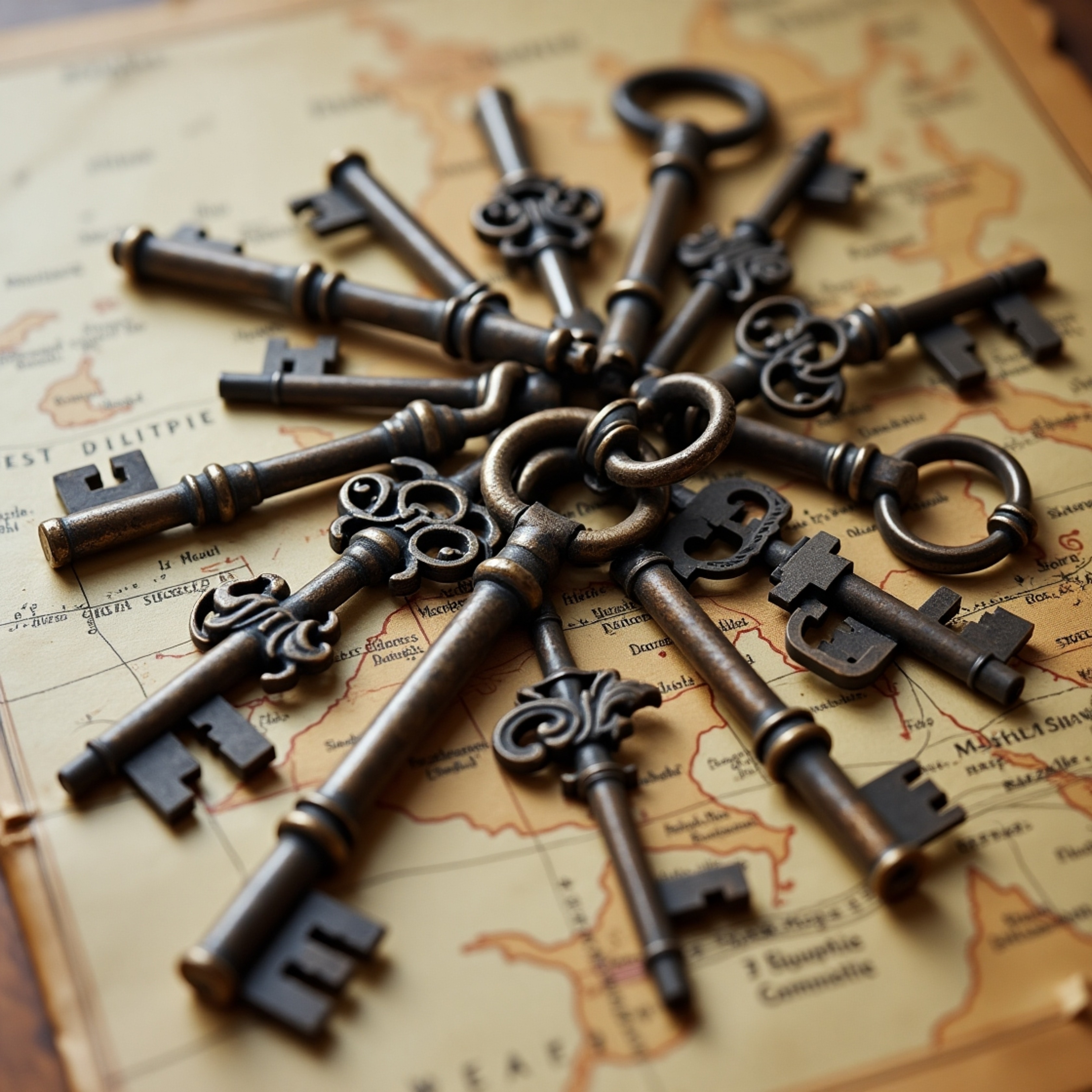 A captivating composition featuring scattered vintage keys with ornate designs, rusted patina, and varying sizes, resting upo